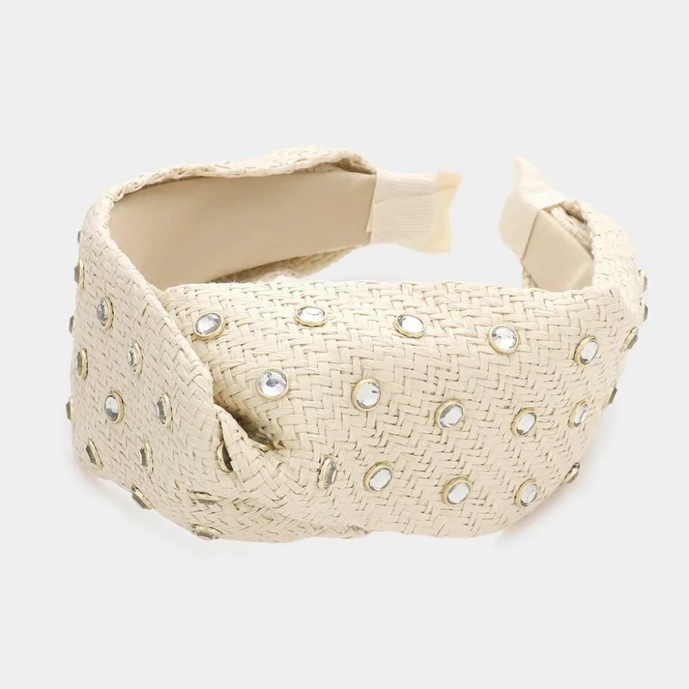 112. Natural Cream Stone Embellished Straw Twisted Headband